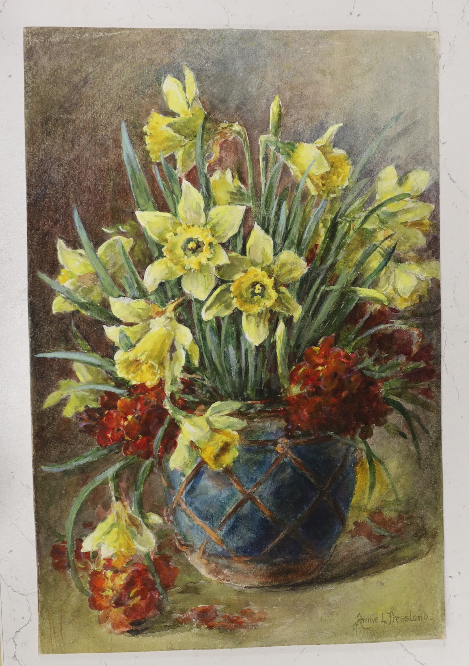Annie Louise Pressland (1862-1933), pair of watercolours on card, Still life’s of flowers in vases, each signed, unframed, 24 x 34cm